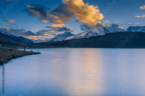 Beautiful Chandratal lake and mountains at sunset in Spiti, Himachal, India