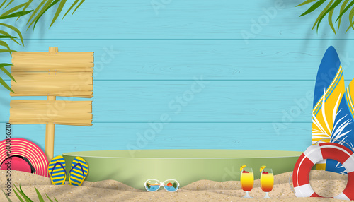 Summer background with beach vacation holiday theme with copy space on blue wooden wall, Vector 3D banner with podium mockup Summer design with coconut palm leaf shadow on wood plank texture