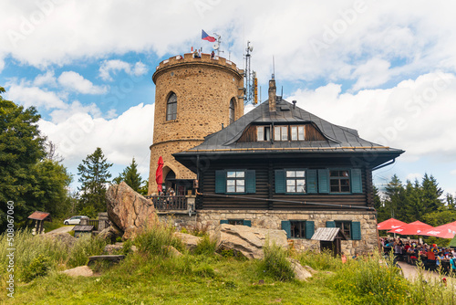 Josefs lookout tower and Terezas cottage at Mount Klet in Blansky forest in summer. South Bohemian Region, Czech Republic. photo