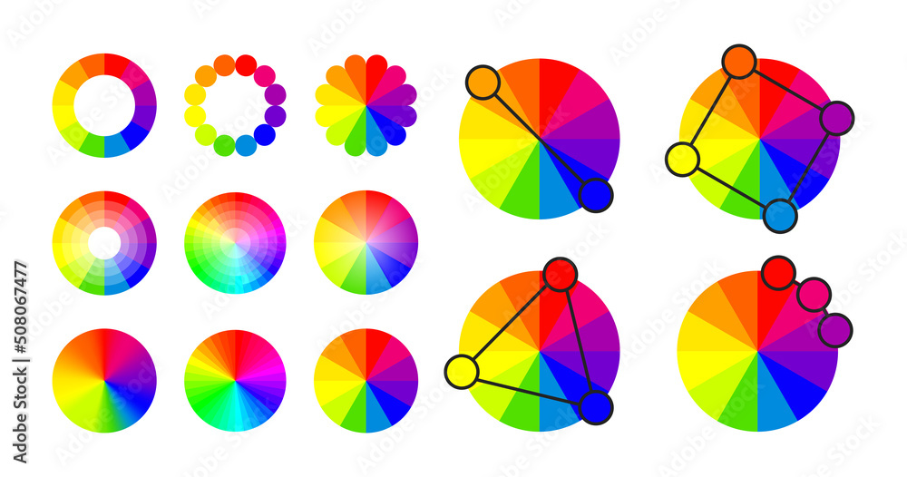 Color wheel set. Rgb circle primary, secondary and complementary palette collection. Colour swatch pattern. Color wheel set. Rgb circle primary, secondary and complementary palette collection. Colour swatch pattern.