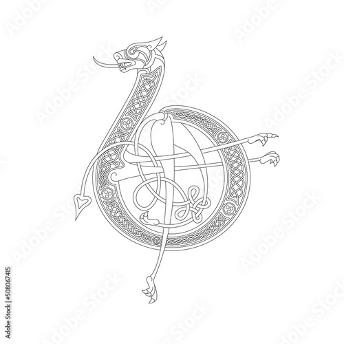 Line Drawing of a Medieval Initial Letter B combining animal body parts from a Lion and endless Celtic knot ornaments