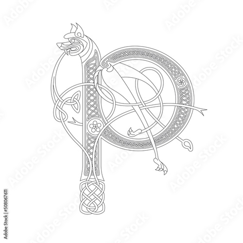 Line Drawing of a Medieval Initial Letter P combining animal body parts from a Dog and endless Celtic knot ornaments