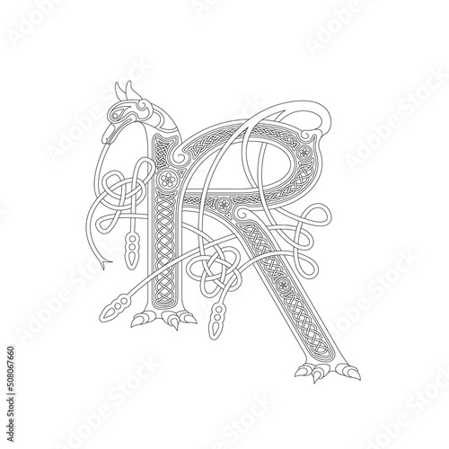Line Drawing of a Medieval Initial Letter R combining animal body parts from a Jackal and a Dragon with endless Celtic knot ornaments