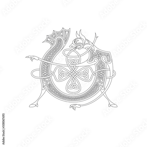 Line Drawing of a Medieval Initial Letter V combining animal body parts from a Dog and a Dragon with endless Celtic knot ornaments photo