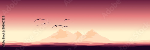 mountain sunrise  landscape flat design vector illustration good for wallpaper  background  banner  backdrop  tourism and design template