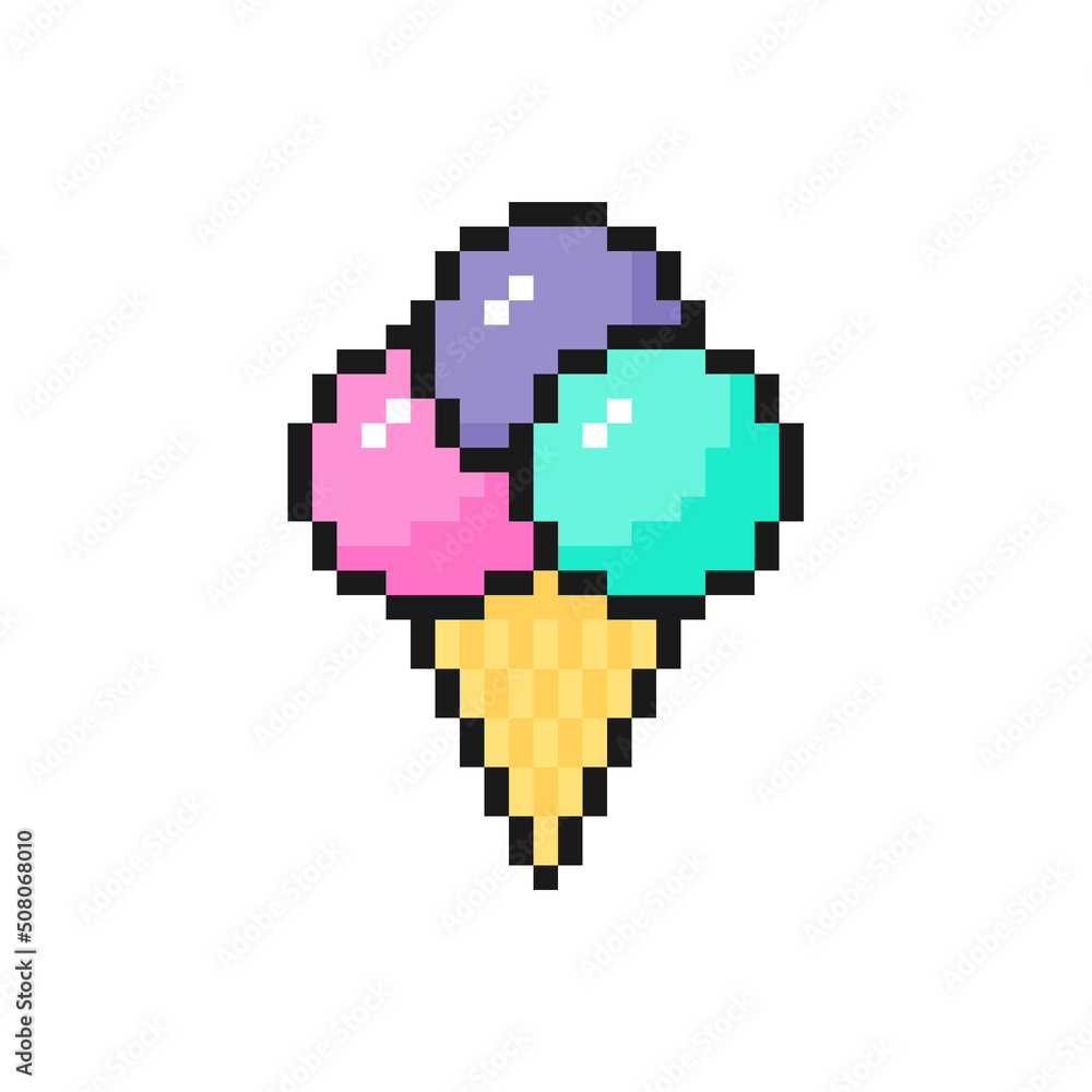Ice cream in waffle cone in pixel art design isolated on white background  Stock Vector