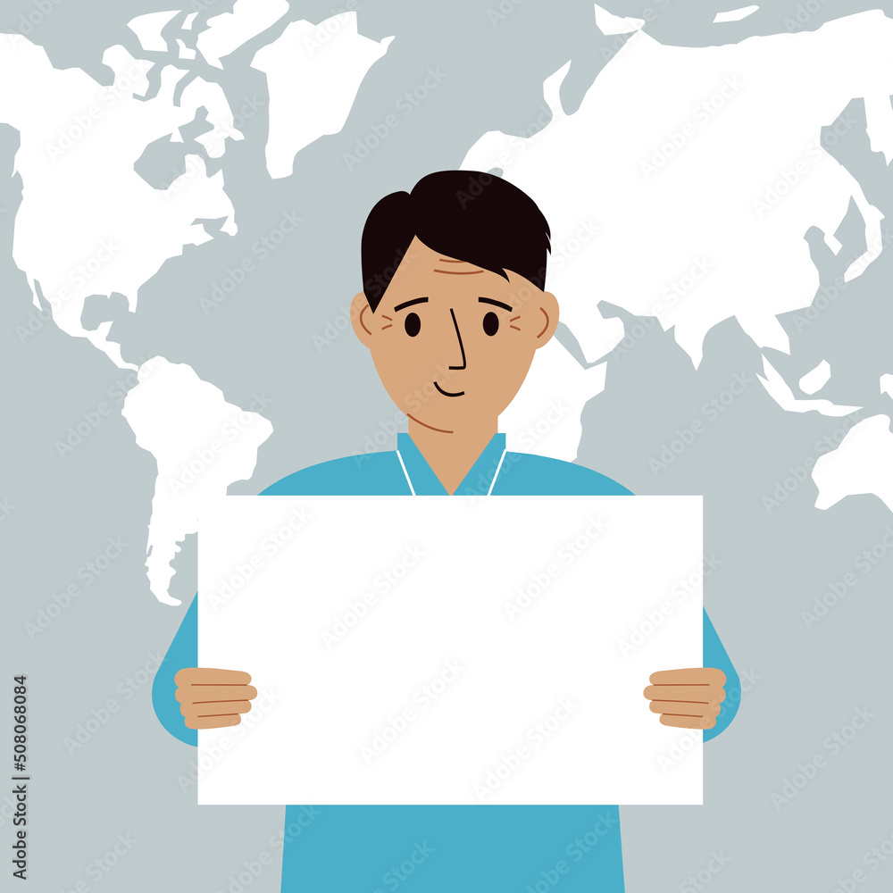 Happy man holds and shows a white blank sheet, or a poster. Against the backdrop of the karate of the world.