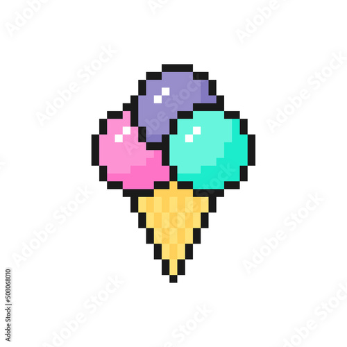 Ice cream in waffle cone in pixel art design isolated on white background