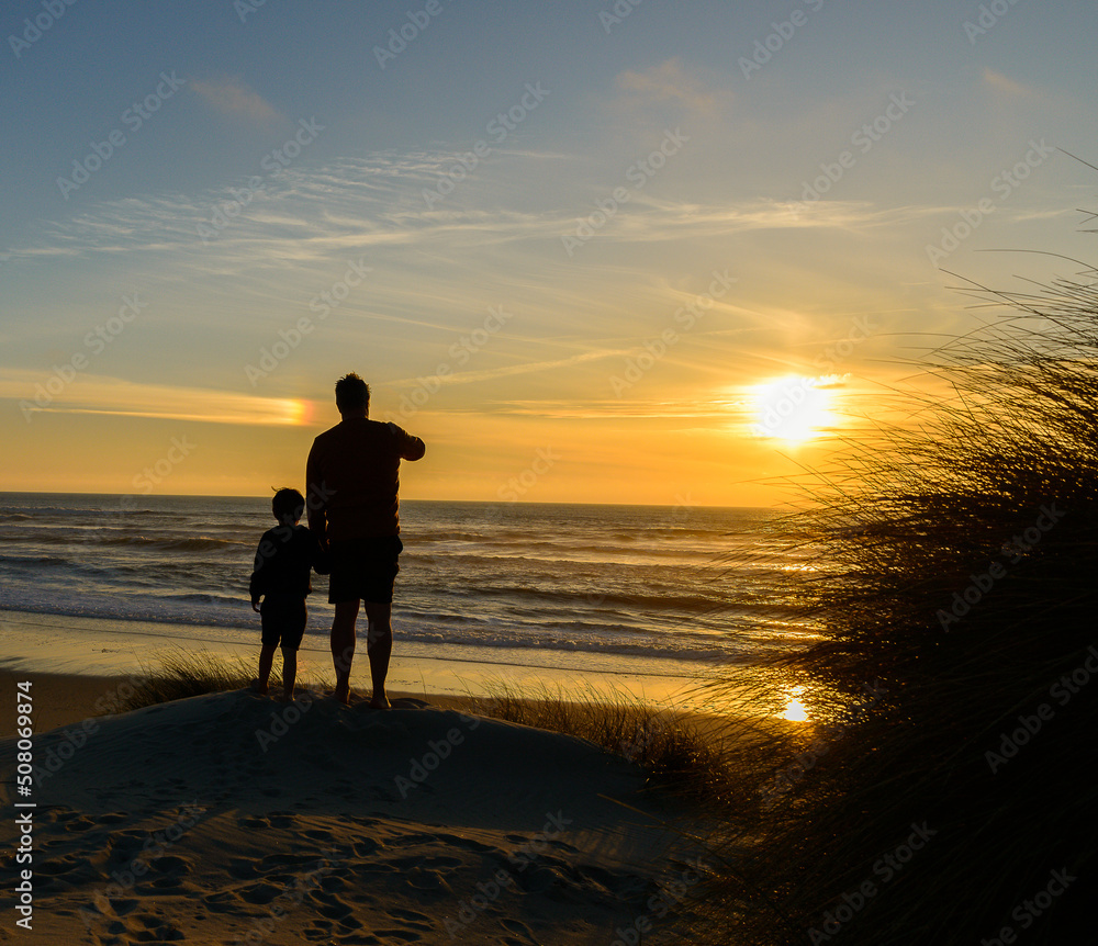 Father pointing to the sea horizon while holding hands with his son at sunset