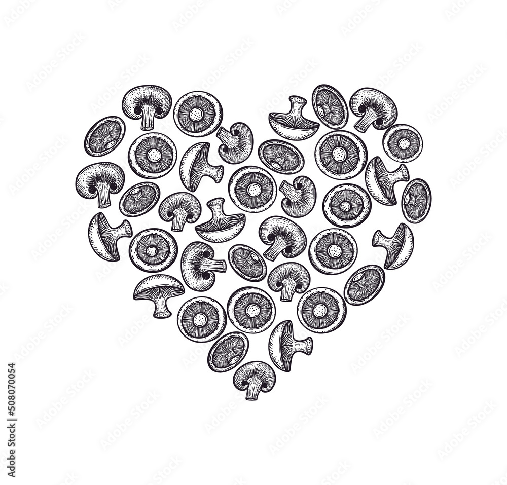 Mushrooms champignons in the shape of a heart. Hand-drawn illustration. Vegetarian food. For label and poster. Vector illustration Mushrooms champignons in the shape of a heart. Hand-drawn illustration. Vegetarian food. For label and poster. Vector illustration
