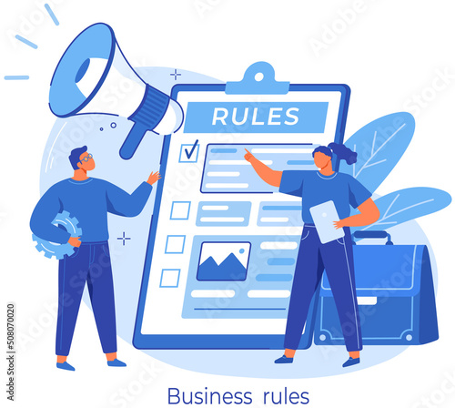 People near giant clipboard, task done and check mark ticks. Businesspeople check document with rules. Form with survey, paper sheet with results of review. Colleagues discuss business rules