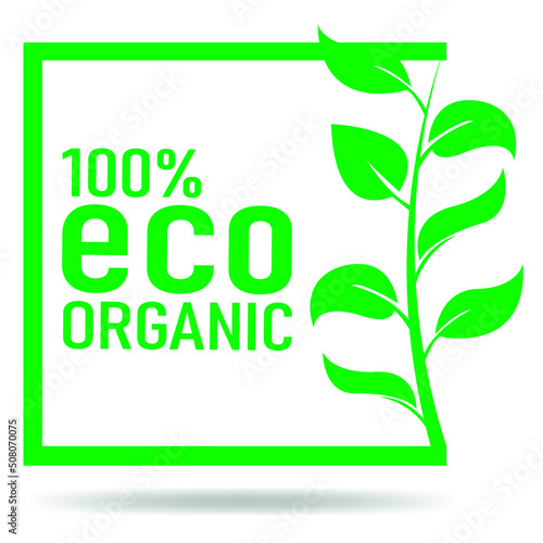 Vector label design with round letter or guarantee icon. Square icon. 100% organic certified environmental concept,