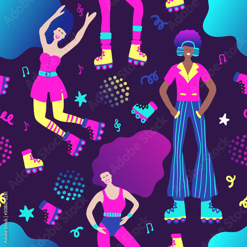 Girl and boy disco seamless pattern 80s illustration. Roller skates music party