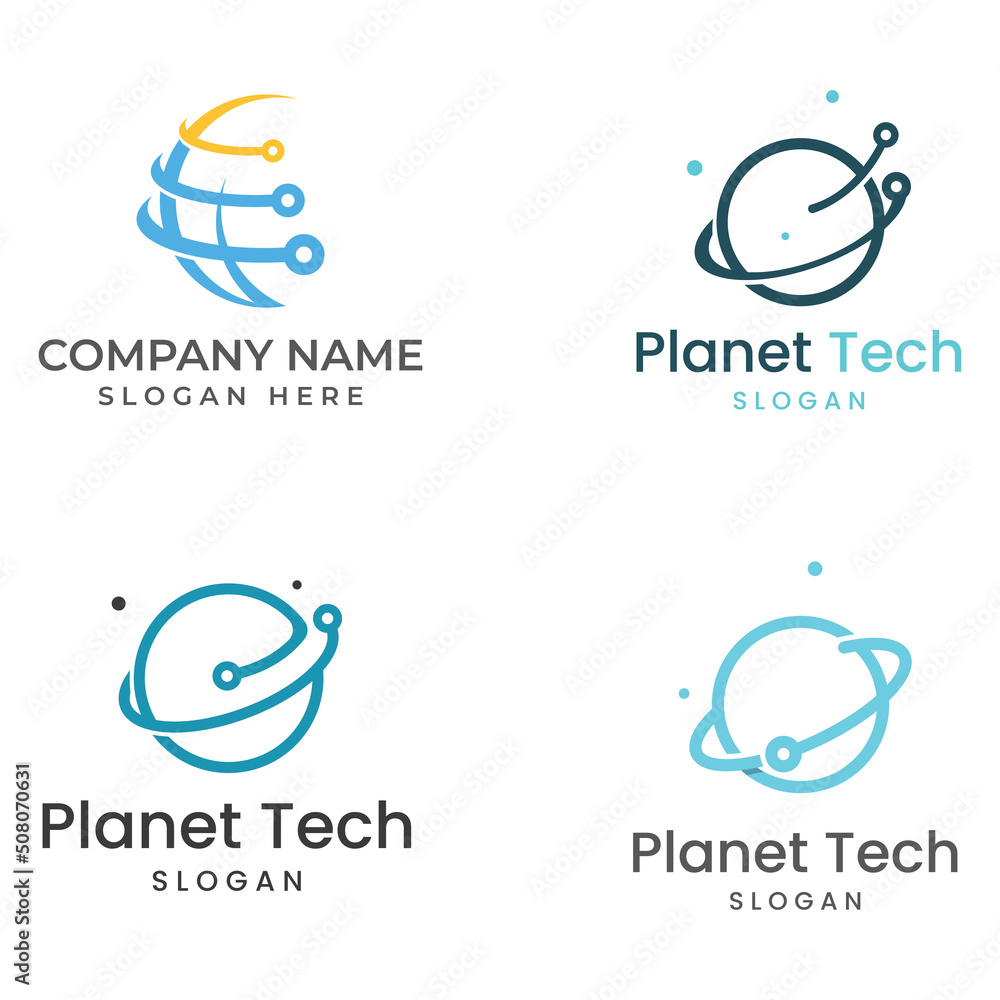 Modern digital tech world logo, global or tech planet, and digital tech protection. Logo with concept vector illustration template.