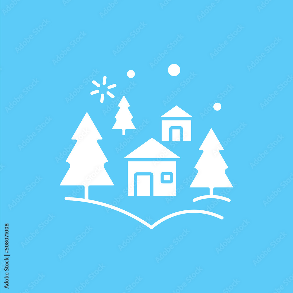 Fototapeta premium Winter glyph icon. Beautiful landscape. Village covered by snow. Blizzard. Winter vacation concept. Filled flat sign. Isolated silhouette vector illustration