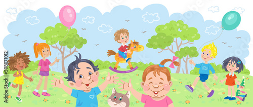 Happy children of different nationalities walk and play in a summer park with toys, balloons and pets. In cartoon style. Vector flat illustration.