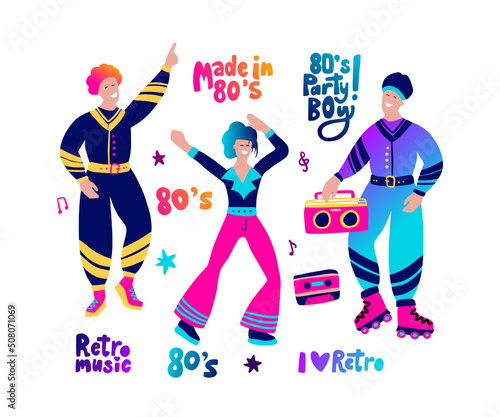 80s party people cartoon gradient character set and lettering collection. Vector illustration