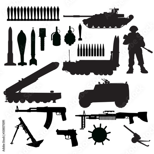 icon set of military equipment and weapons.