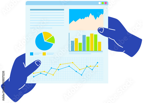 Data analysis, information exploration, web research concept. Person examines diagram, analyses business data. Statistical chart, document with graphs. Statistics, financial indicators analytics