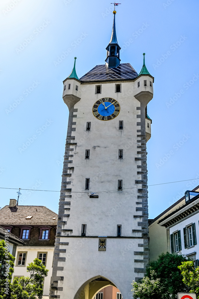 Stadt Baden, Stadtturm, Wehrturm, Altstadt, Stadt, Altstadthäuser, Löwenbrunnen, Limmattal, Aargau, Sommer, Schweiz