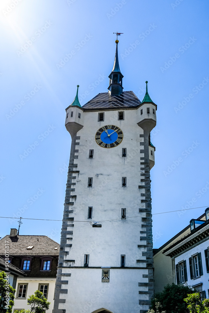 Stadt Baden, Stadtturm, Wehrturm, Altstadt, Stadt, Altstadthäuser, Löwenbrunnen, Limmattal, Aargau, Sommer, Schweiz