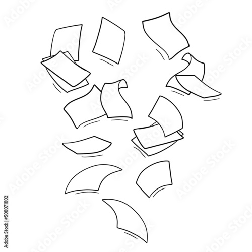 Paper files of documents fall down. Flying sheets. Blank sheet.