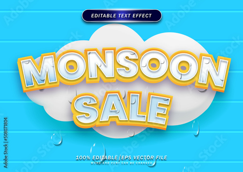 Monsoon Sale cartoon text effect. 3d cloud with rain drop and cloud background for seasonal shopping.