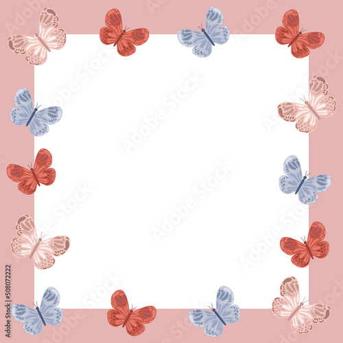 Vector abstract frame with a set of vector vintage cute butterflies ornament isolated. Butterflies collection in pastel color beige. Flat style. Pink butterflies frame for print © Alexandra