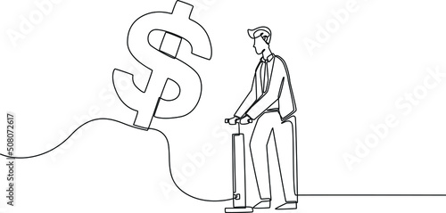 Single one line drawing businessman pumping air into big floating US Dollar money sign. Corporate Finance Concept. Continuous line draw design graphic vector illustration.