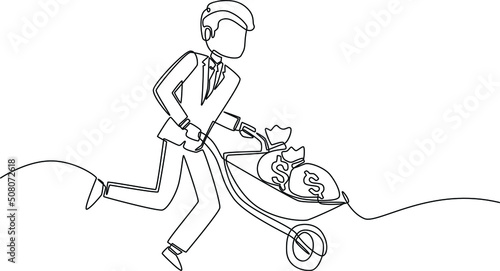 Single one line drawing happy businessman running and carrying money in a building trolley . Corporate Finance Concept. Continuous line draw design graphic vector illustration.