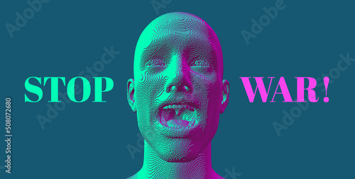Stop War lettering banner. Furious screaming man. Emotional scream of a man with open shouting mouth. Voxel art. 3D vector illustration. Design for banner, flyer, poster, cover or brochure.
