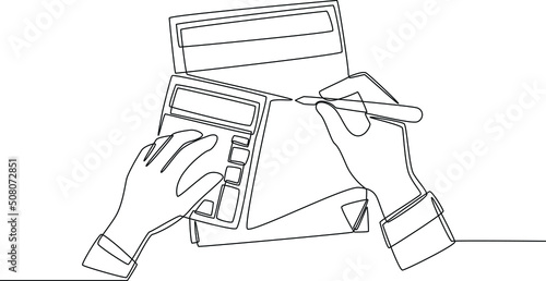 Single one line drawing businessman calculating revenue and cost with calculator. Corporate Finance Concept. Continuous line draw design graphic vector illustration.