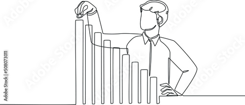 Single one line drawing Businessman measuring chart growth and increase of chart positive indicators in his business. Corporate Finance Concept. Continuous line draw design graphic vector illustration