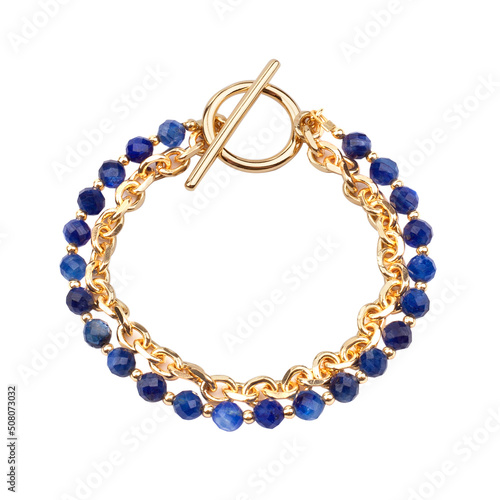 Golden bracelet with blue gemstones isolated on white