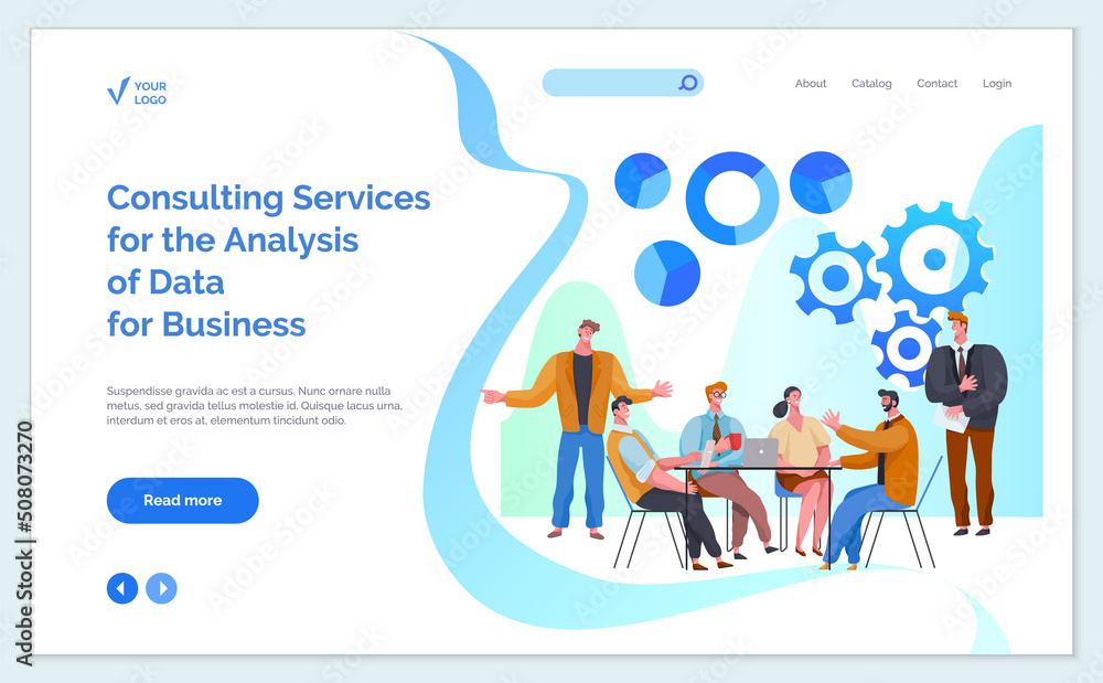 Financial services, strategic planning, development, business solutions concept. Consulting services for analysis of business data vector. People work with market research, teamwork, support, security