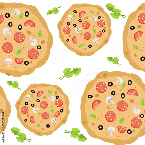 Pizza elements with tomatoes, peppers and herbs on an isolated background