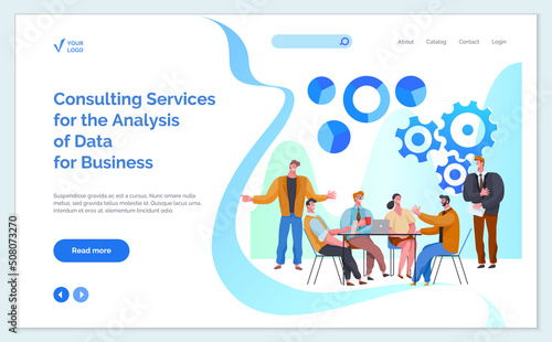 Financial services, strategic planning, development, business solutions concept. Consulting services for analysis of business data vector. People work with market research, teamwork, support, security
