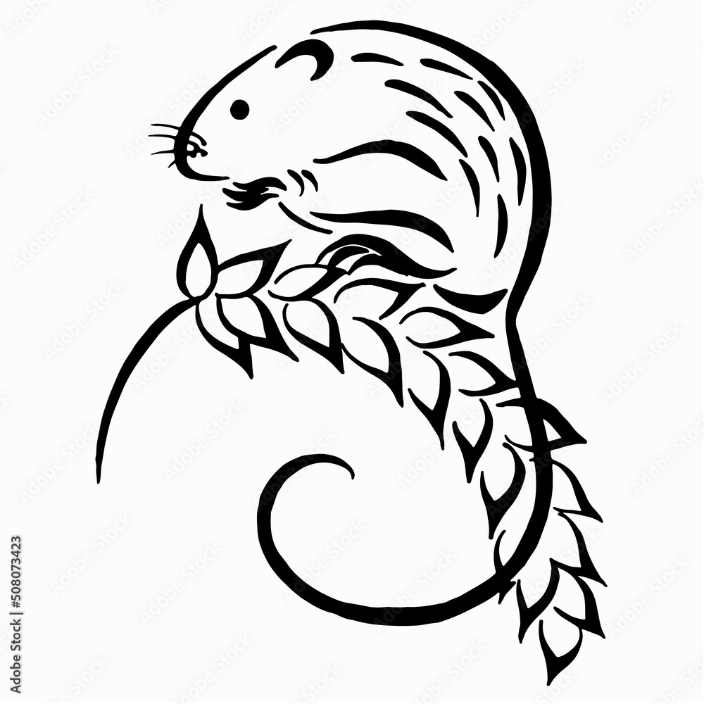 Naklejka premium Field mouse on spike of wheat. Black and white drawing of a rodent. Calligraphy image.