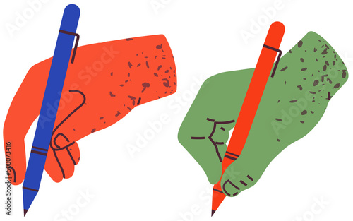 Set of human hands holding pens to write on surface. Colorful devices for writing or drawing. Ballpoint pen with refill and paste isolated on white background. Writing utensil with ink mark on paper