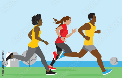 Group of young man and diverse women running together at lake landscape background. Healthy lifestyle, wellness. Marathon race, competition, fitness workout challenge, training activity. Vector banner