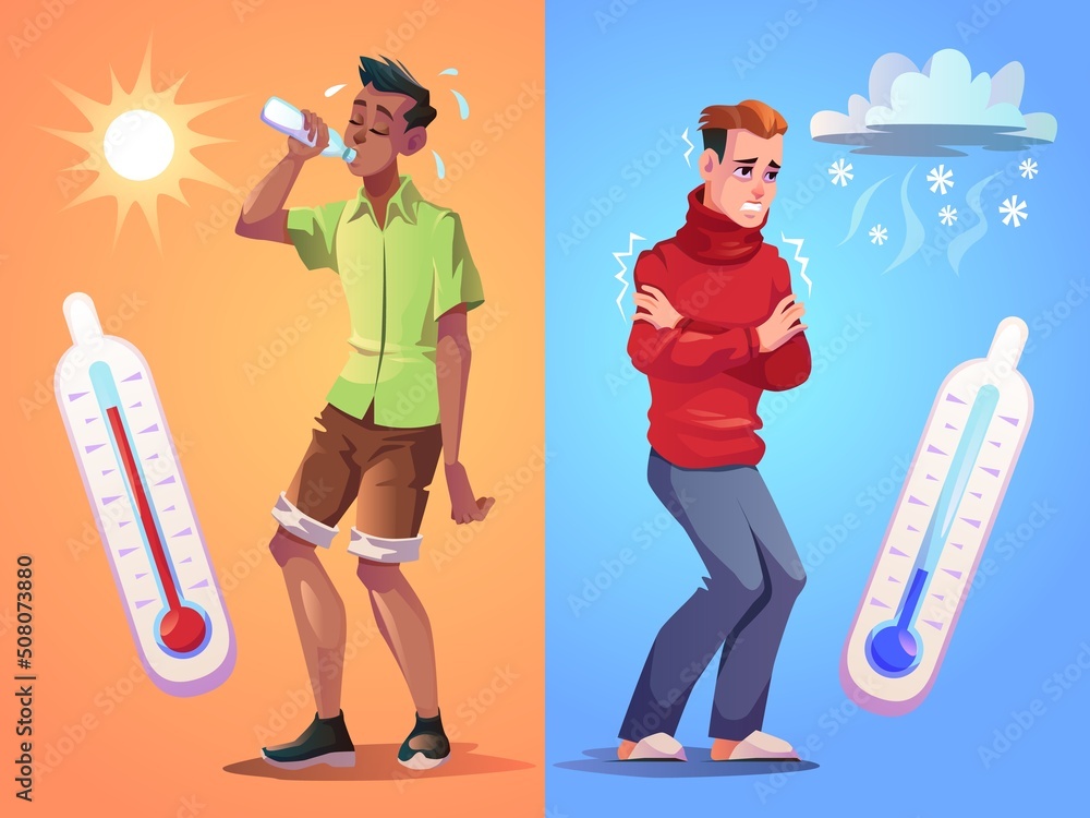 Hot and cold weather. Contrast weathers types, heat and frost, man