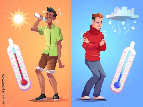 Hot and cold weather. Contrast weathers types, heat and frost, man drinks water under scorching sun, guy shivering from cold, extreme high and low temperature, summer and winter vector banner
