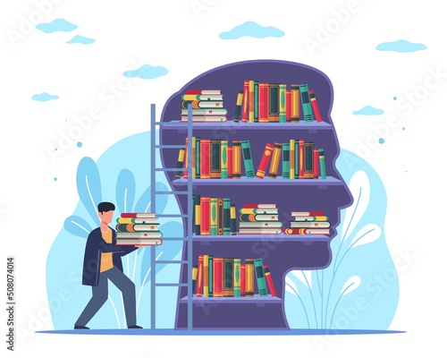 Information base. Education in university or college and self-education, knowledge concept, intelligence man with stack of books, head with bookshelves, good memory, vector illustration