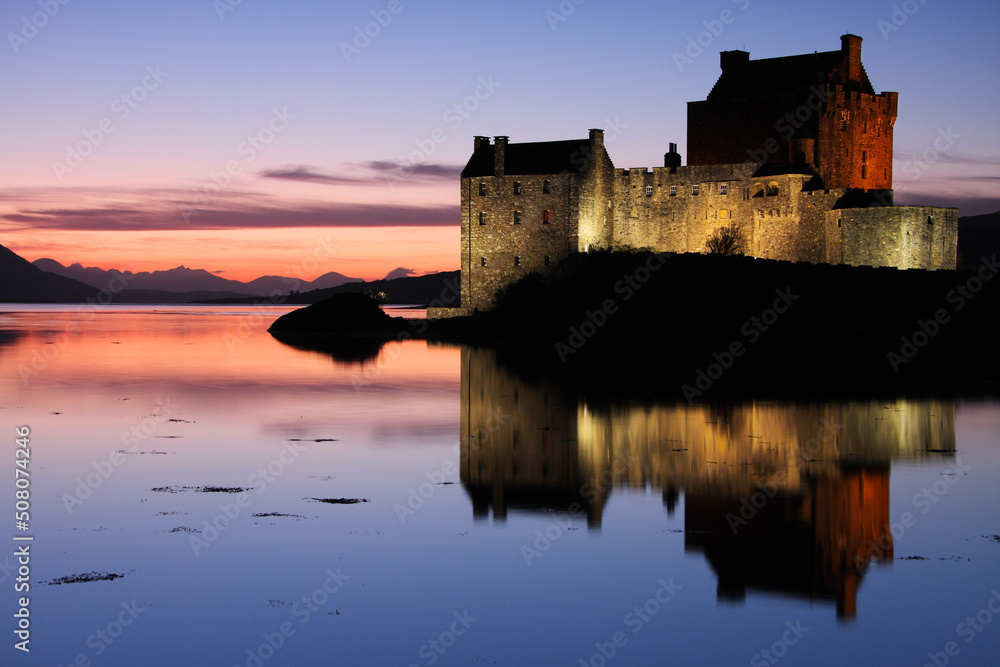Eilean Donan castle at sunset in the Highlands, Scotland