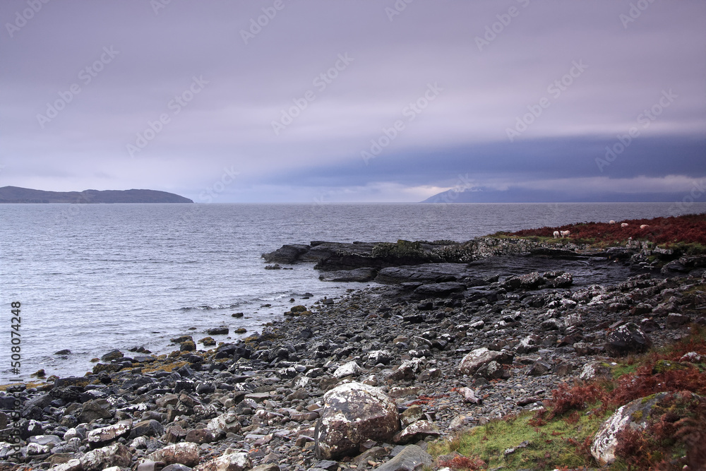Rocky beach of Loch Slapin on the Isle of Skye Scottish Highlands UK