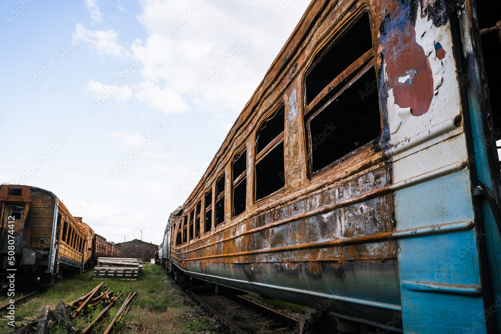 Exploded trains and wagons at the railway station in the city of Trostyanets. Sumy region. Civil buildings. Russian military invasion of Ukraine. Exploded trains and wagons at the railway station in the city of Trostyanets. Sumy region. Civil buildings. Russian military invasion of Ukraine.