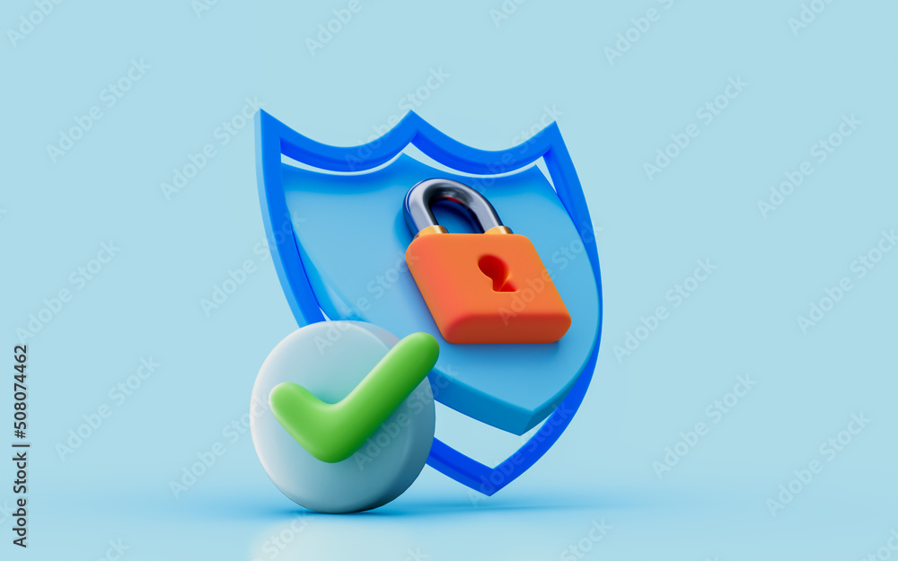 network security shield checkmark protection Cyber lock password Guard network safety 3d render concept for internet antivirus private protection - obrazy, fototapety, plakaty 