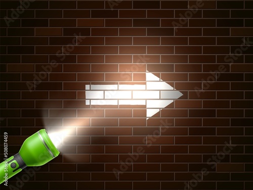 Realistic flashlight. Tourist pocket light illuminates brick wall part with white arrow drawing, 3d element on background, blank mockup with spotlight, finding right direction vector concept
