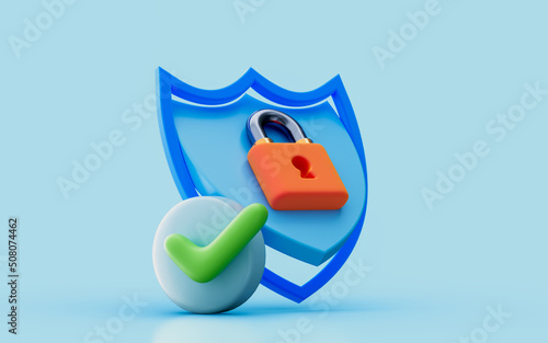 network security shield checkmark protection Cyber lock password Guard network safety 3d render concept for internet antivirus private protection