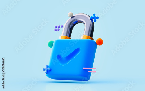 padlock icon checkmark Website and internet Security Cyber defense Private protection 3d render concept for safe data encryption technology photo